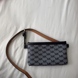 Michael Kors Black & Gray MK Logo Belt Bag with Tan Strap